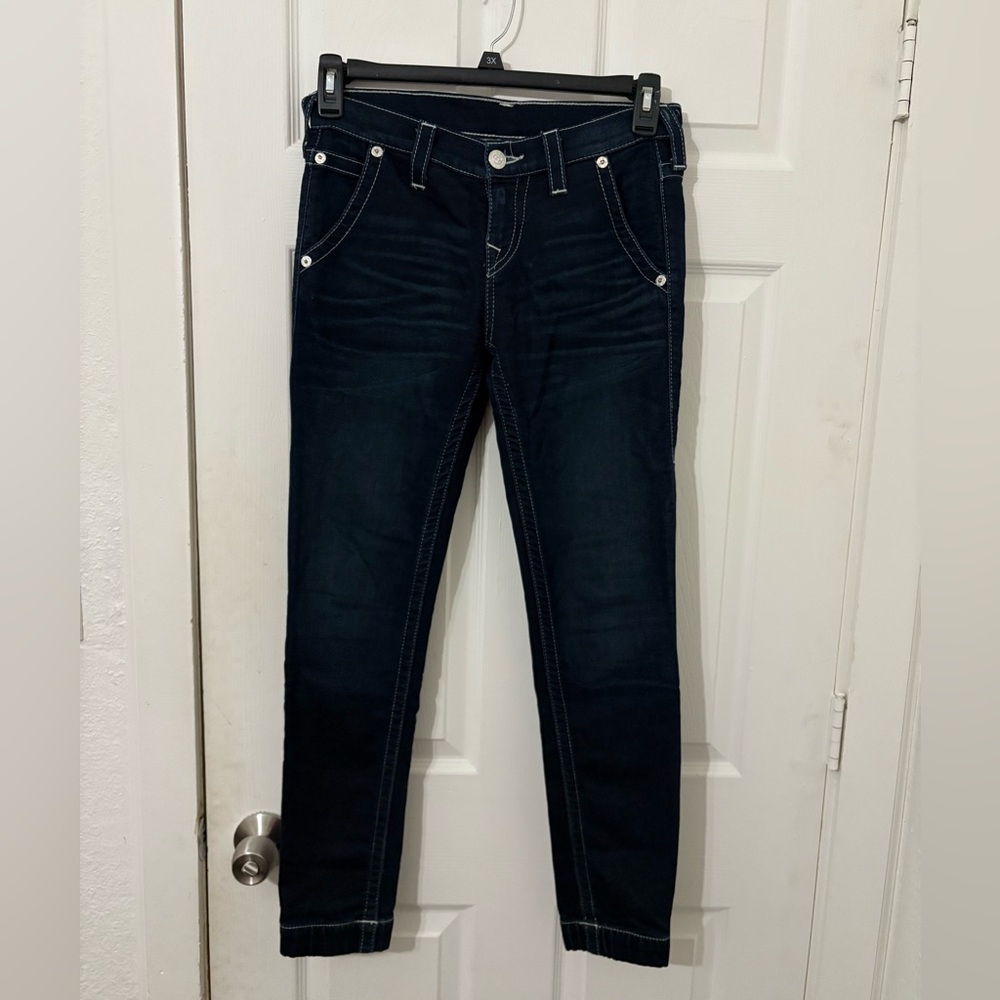 True religion dark washed skinny jeans with elastic bottoms